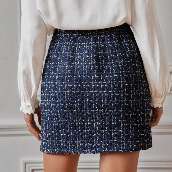Navy Blue Preppy Womens Plaid Pattern Tweed Skirt - Picture 4 of 4